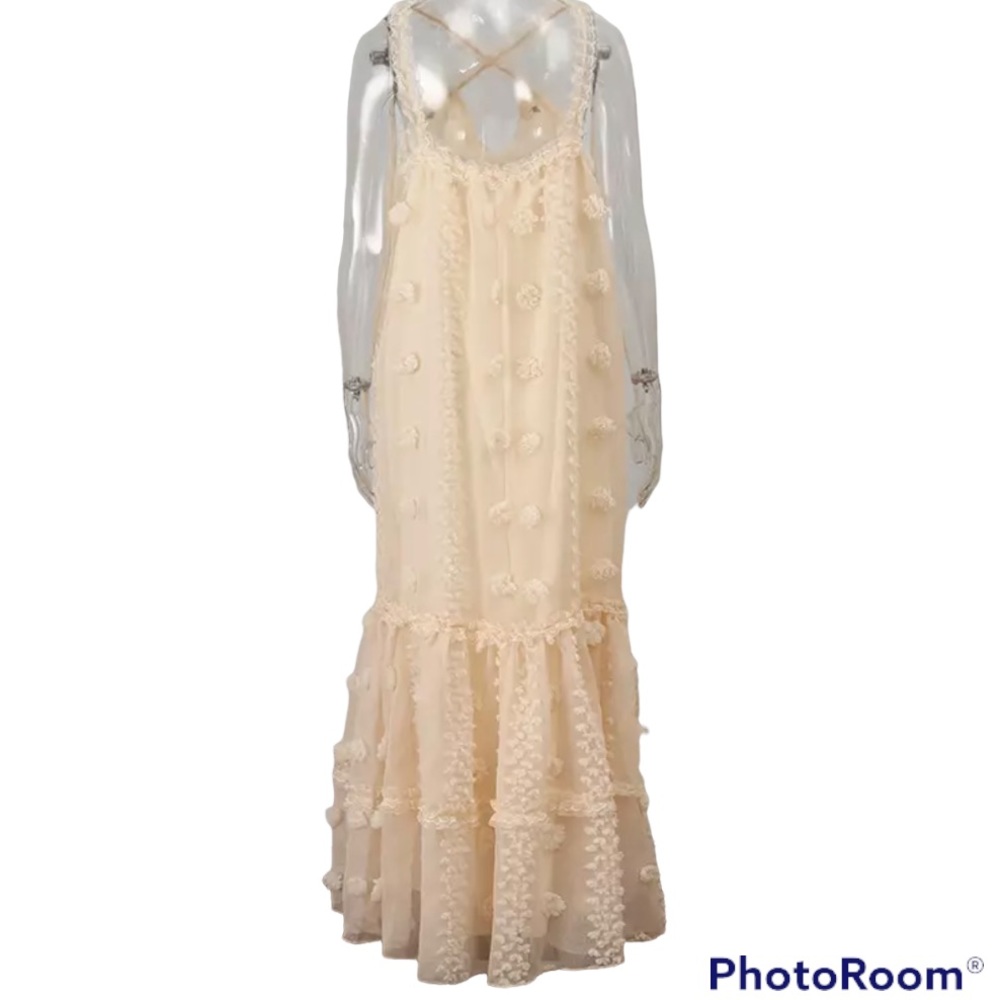Waterfall Appliqué Flowers Tie Strap Loose Long Halter Ruffle Dress - Picture 7 of 11
